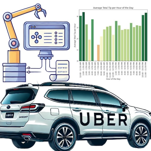 Cover image showing a Subaru Ascent with an UBER sign on its side, a robot arm suggesting extraction of data, and a data visualization chart featured in this article